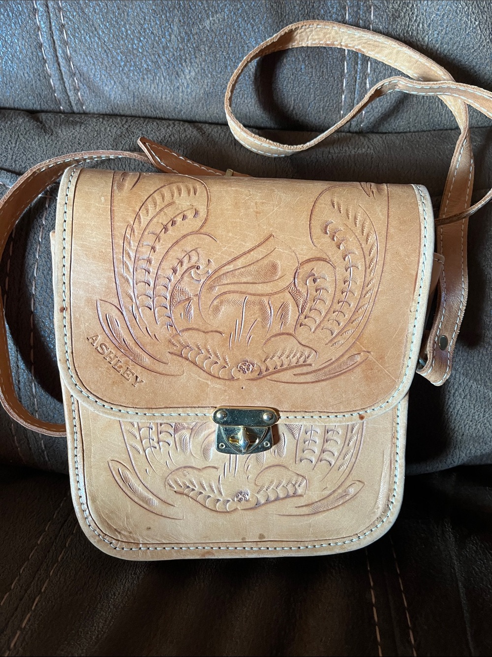 Ashley By 26 International Light Tan Embossed Leather Messenger Crossbody